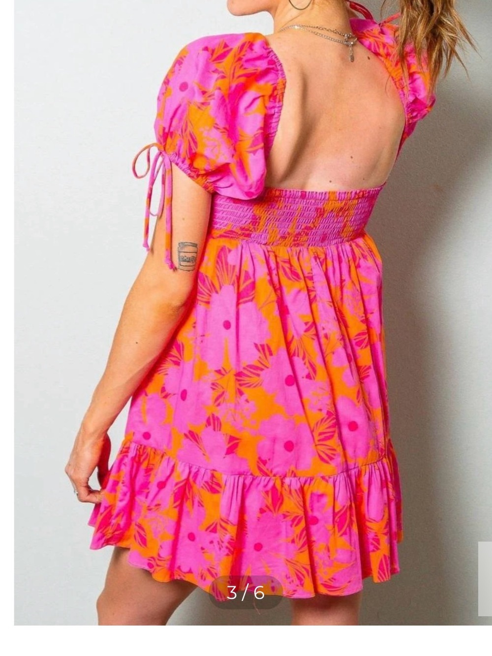 Olivaceous Hot Pink & Orange Floral Puff-Sleeve Babydoll Mini Dress - Picture 9 of 9